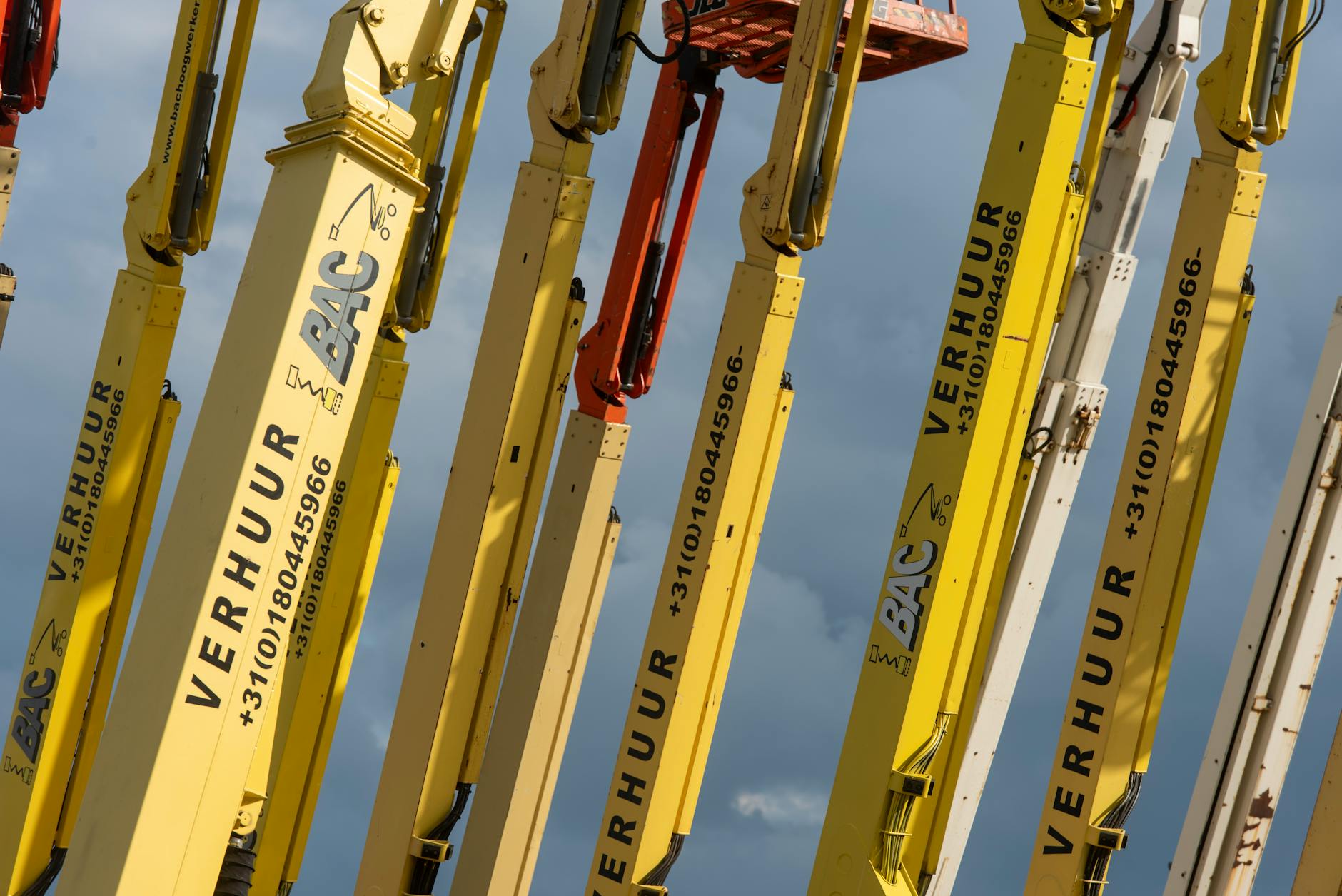 Żółte podnośniki koszowe ustawione w rzędzie na tle błękitnego nieba