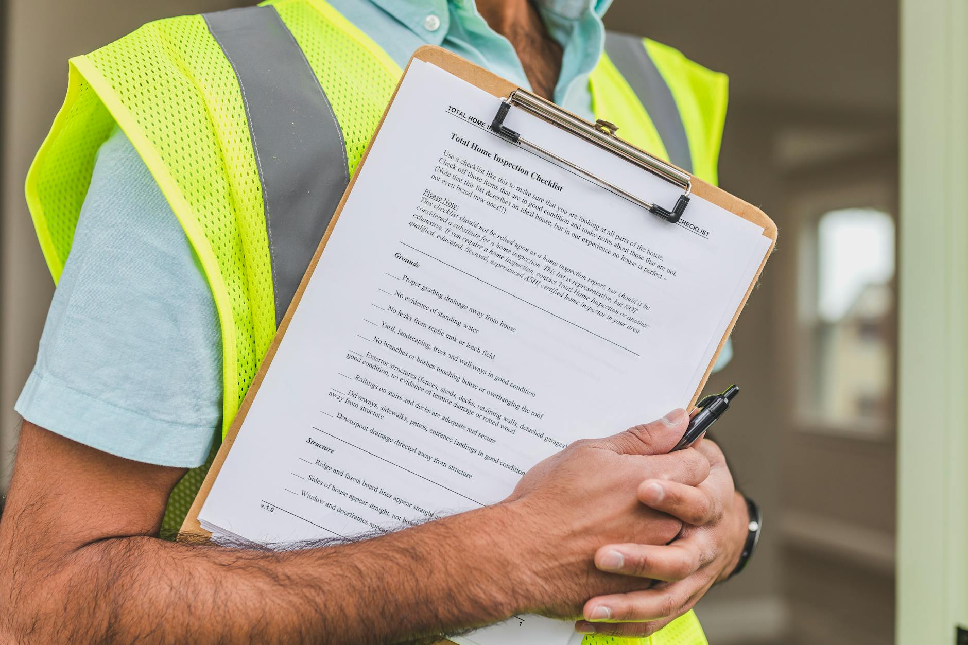 Inspektor trzymający checklistę na podkładce i długopis podczas kontroli
