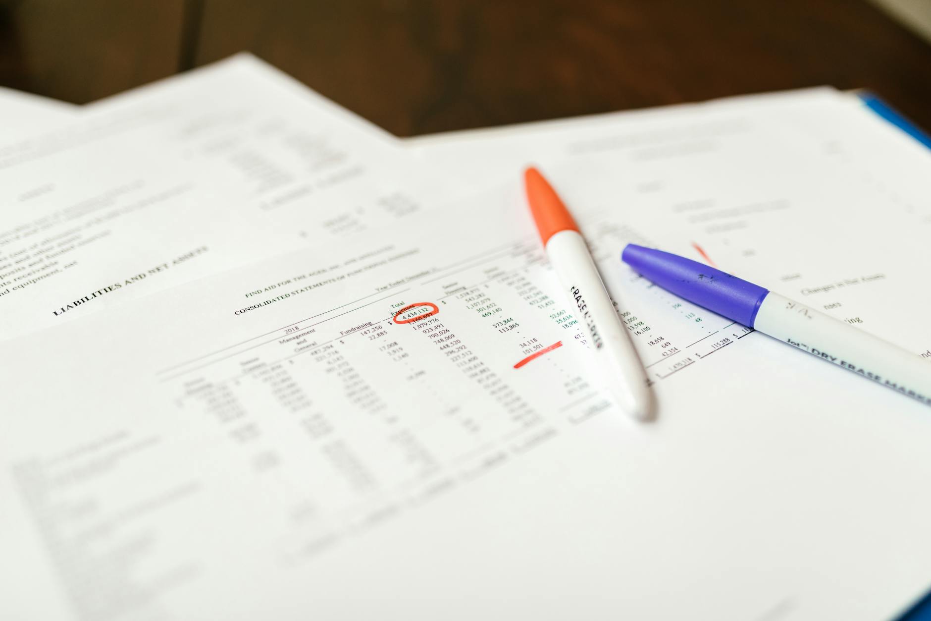 Zbliżenie na dokumenty finansowe z zaznaczonymi kolorami danymi